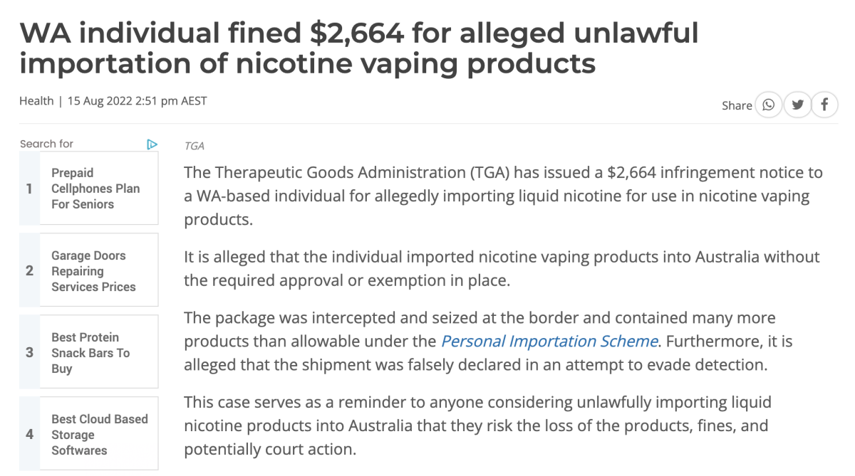 澳洲个人因非法进口电子烟被罚 2,664 美元