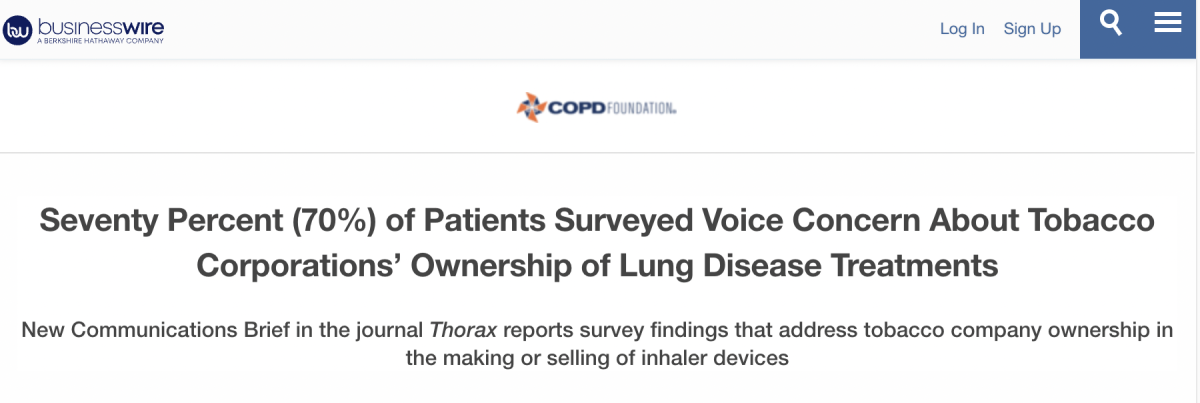 国际调查:70%受访患者担心烟草公司对肺部疾病治疗的所有权