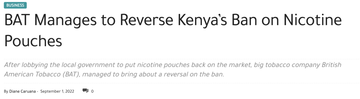 英美烟草正设法扭转肯尼亚对尼古丁袋的禁令