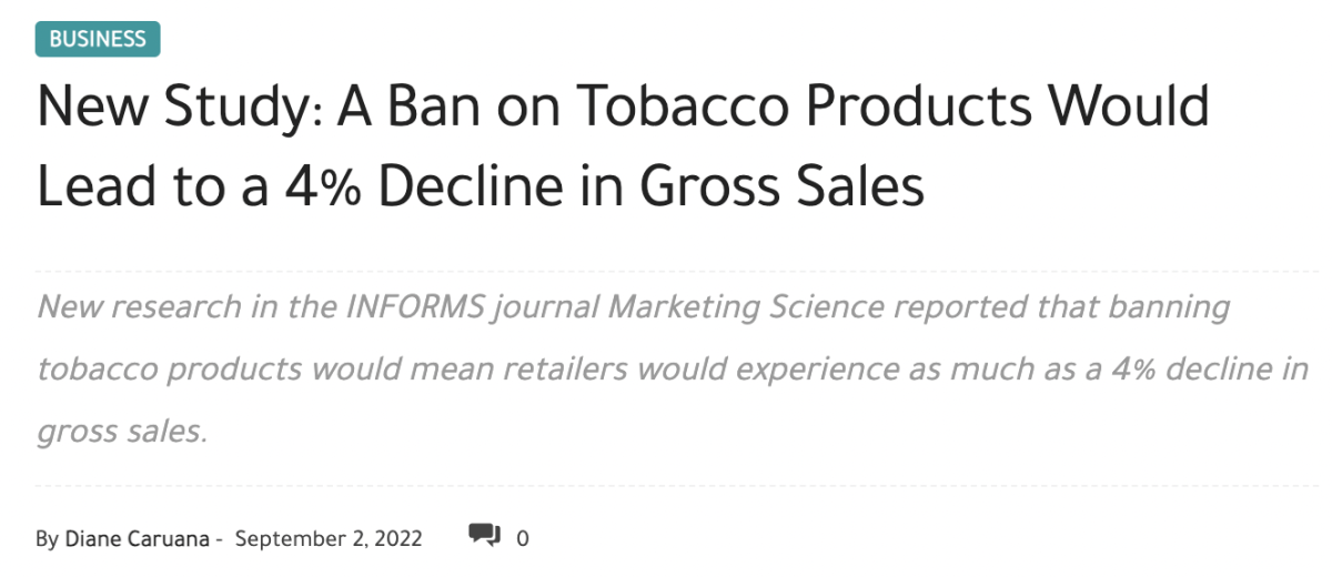 研究:禁止烟草产品将致零售商的总销售额将下降 4%