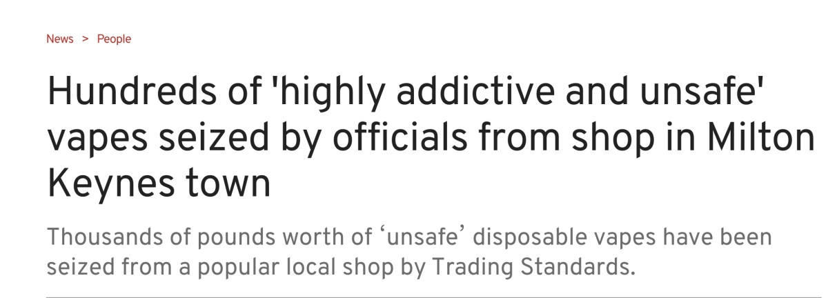 英国米尔顿凯恩斯镇的商店查获数百个非法电子烟