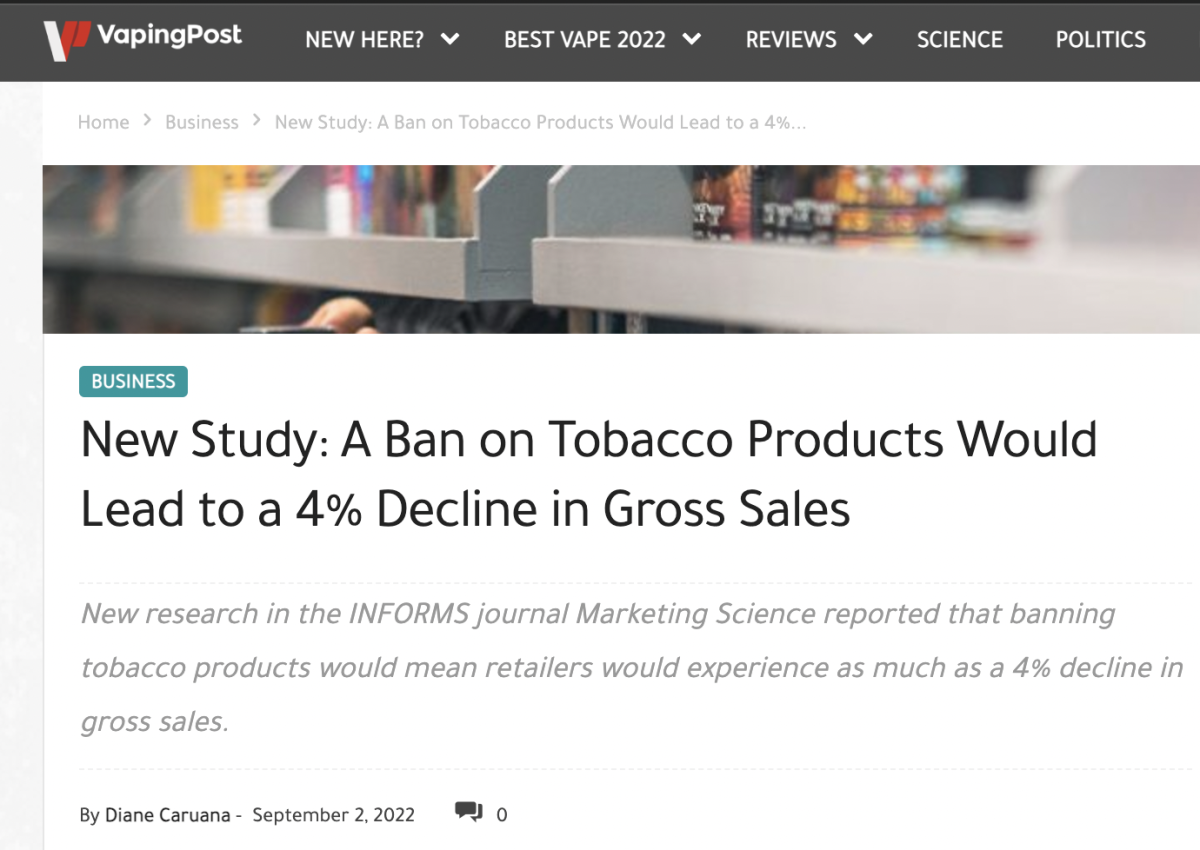 禁止电子烟产品将使美国零售商的总销售额下降 4%