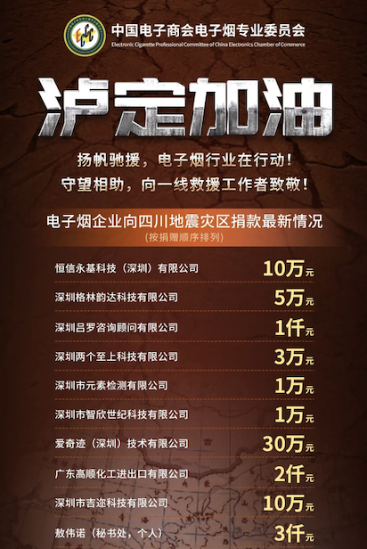 与川共渡 风雨同舟——电子烟专委会关于向四川地震灾区捐款的倡议书