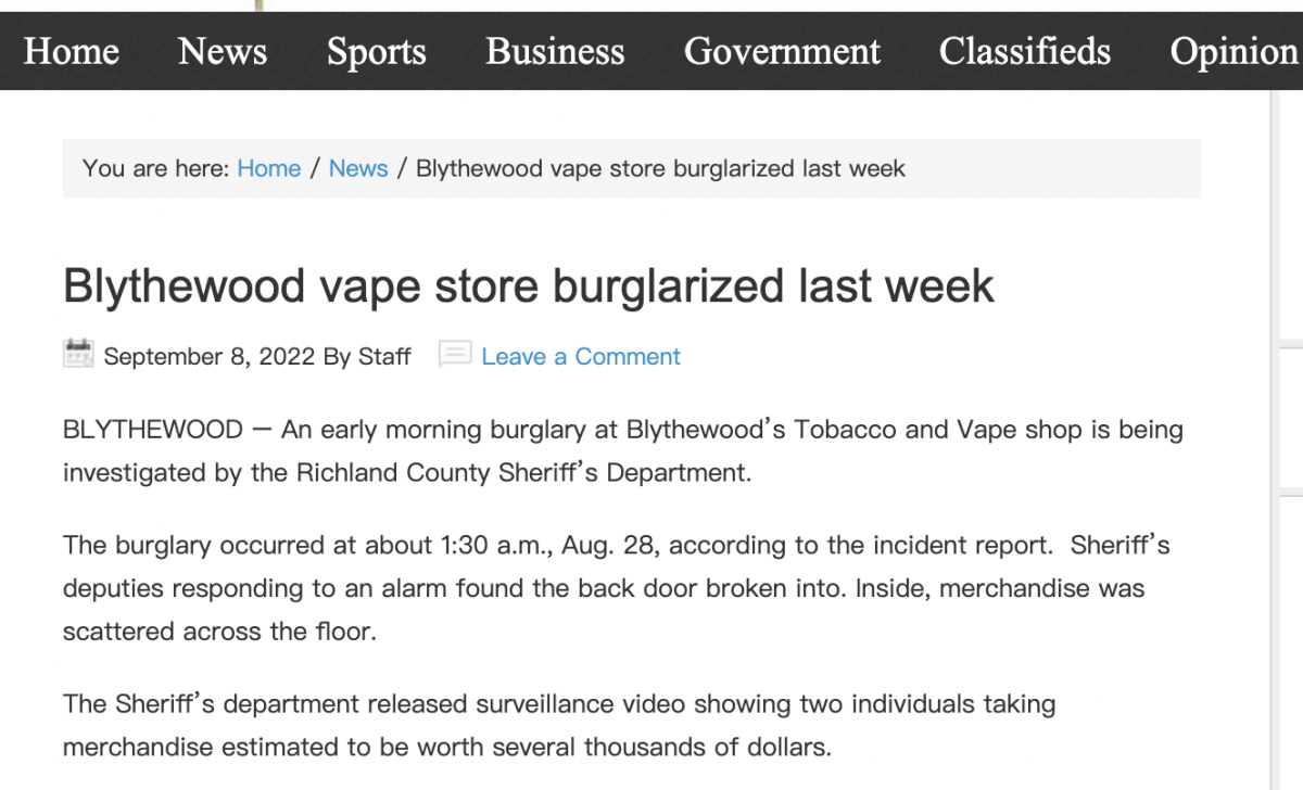 美国里奇兰县一电子烟店被盗