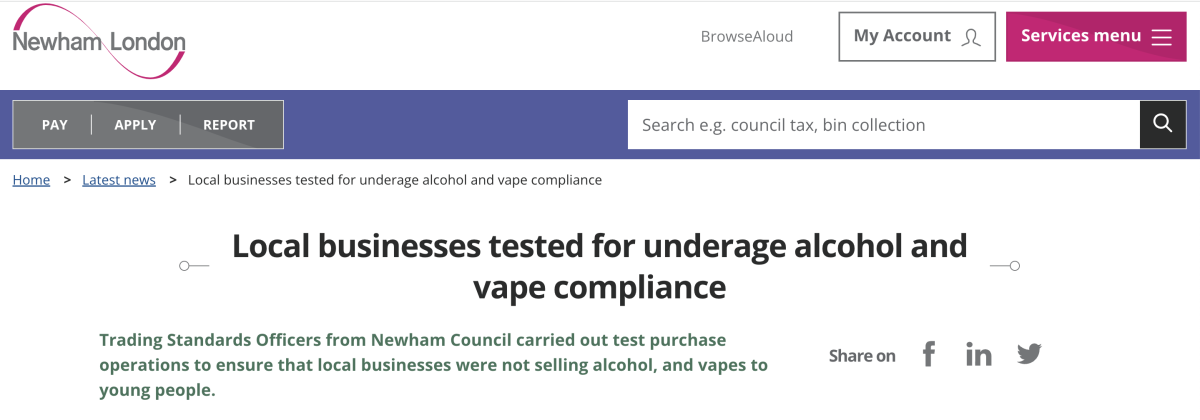 英国纽汉市5家企业未通过向未成年人出售违禁品的采购测试