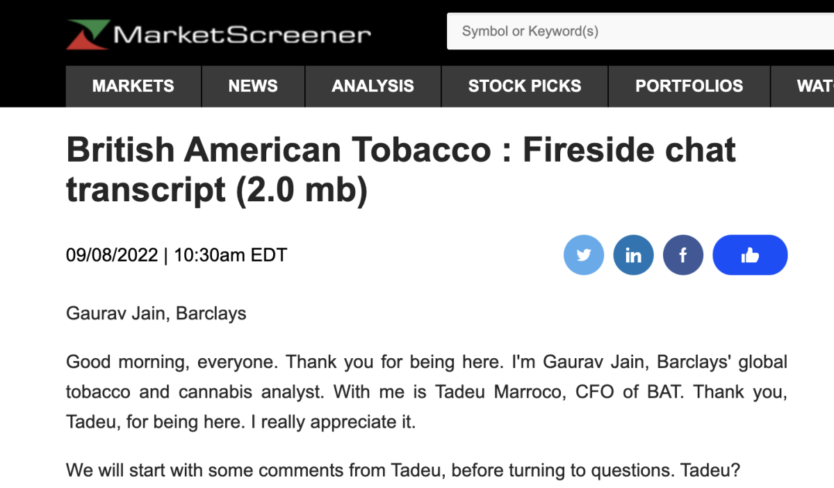 BAT 首席财务官：半年间新产品投资11亿英镑 成本损失减少50%