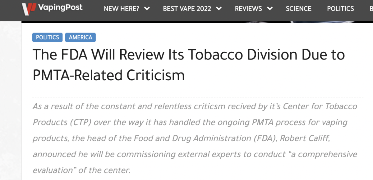 PMTA审核饱受批评 FDA将审查其烟草部门