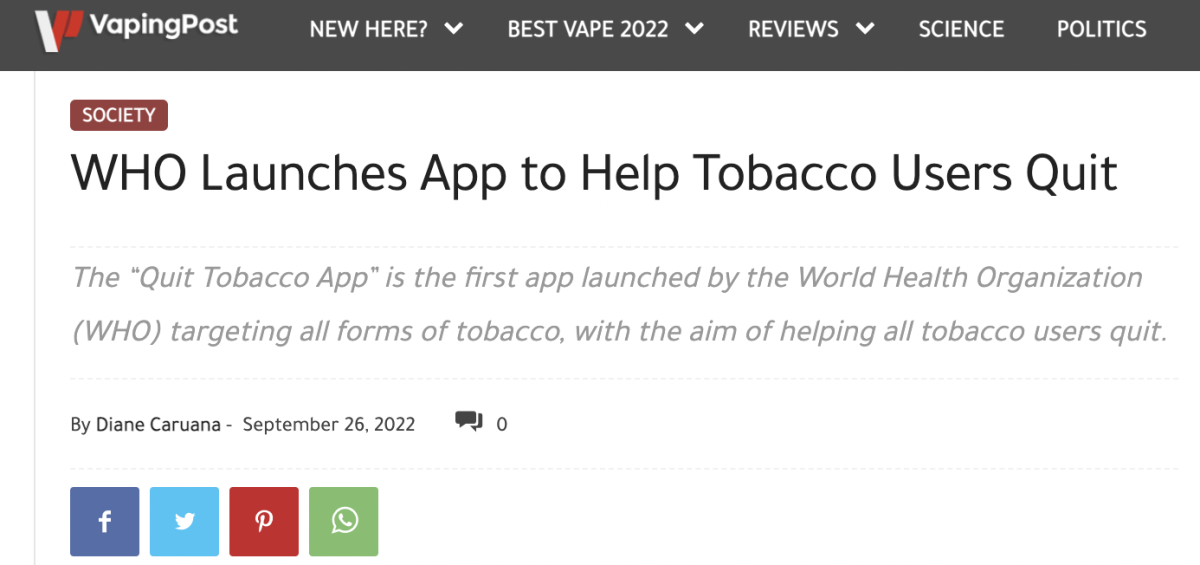 世卫组织推出新app以帮助烟草用户戒烟