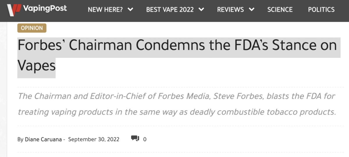 福布斯谴责 FDA 对电子烟的立场