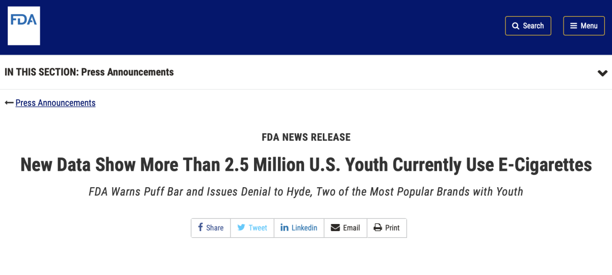 FDA:美国2022年有250万未成年人使用电子烟