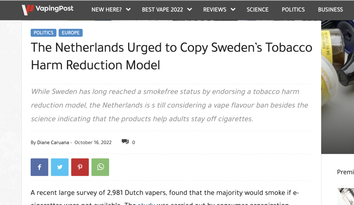 ETHRA敦促荷兰政府复制瑞典的烟草减害模式