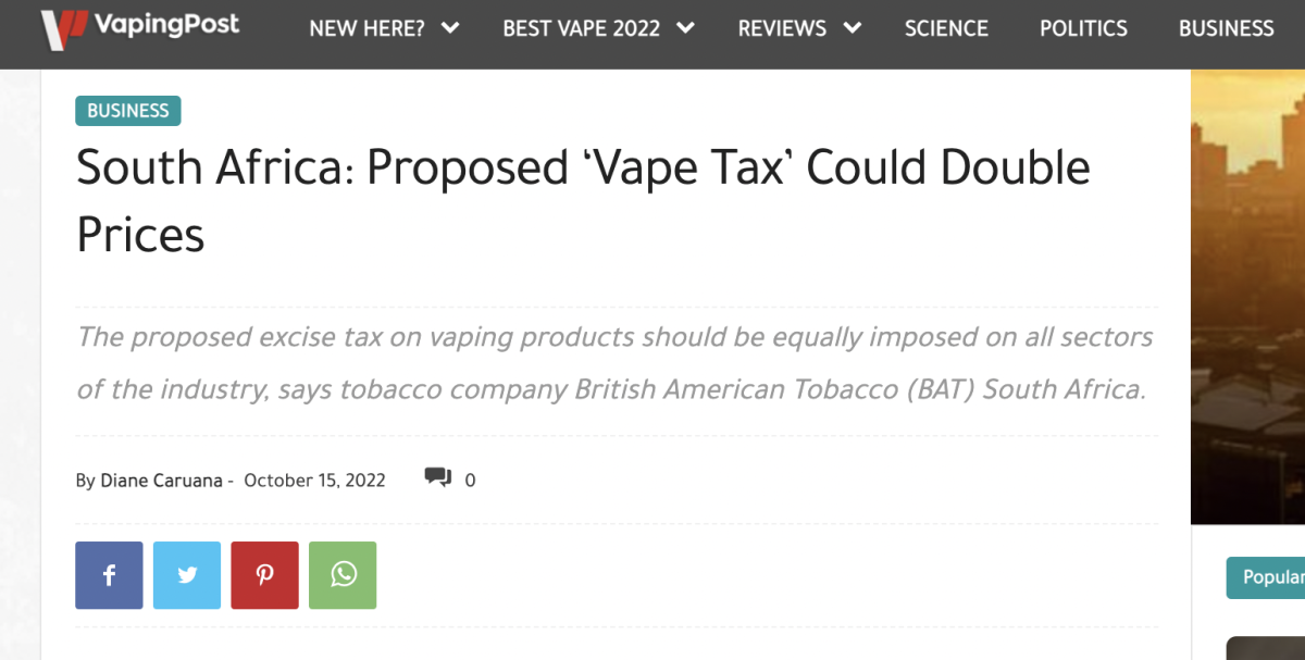 BAT南非公司:拟议的电子烟税可能使其价格翻倍