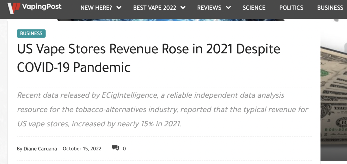 数据显示：疫情之下美国电子烟商店的收入仍在增长