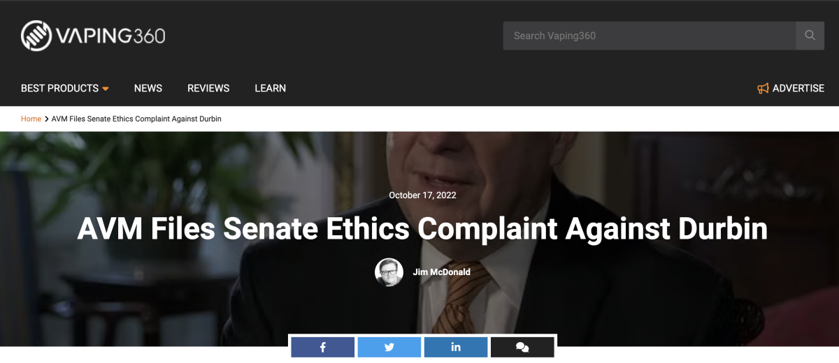 AVM起诉参议员干涉FDA关于监管电子烟的决策