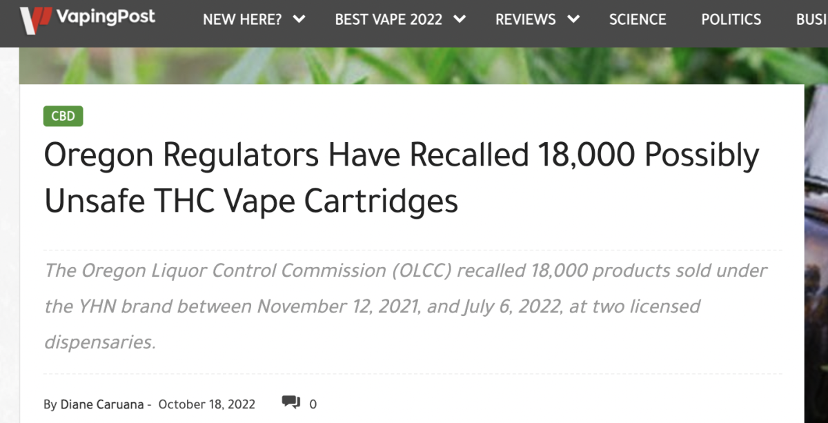 美国俄勒冈州监管机构召回 18000 个存在不安全因素的烟弹
