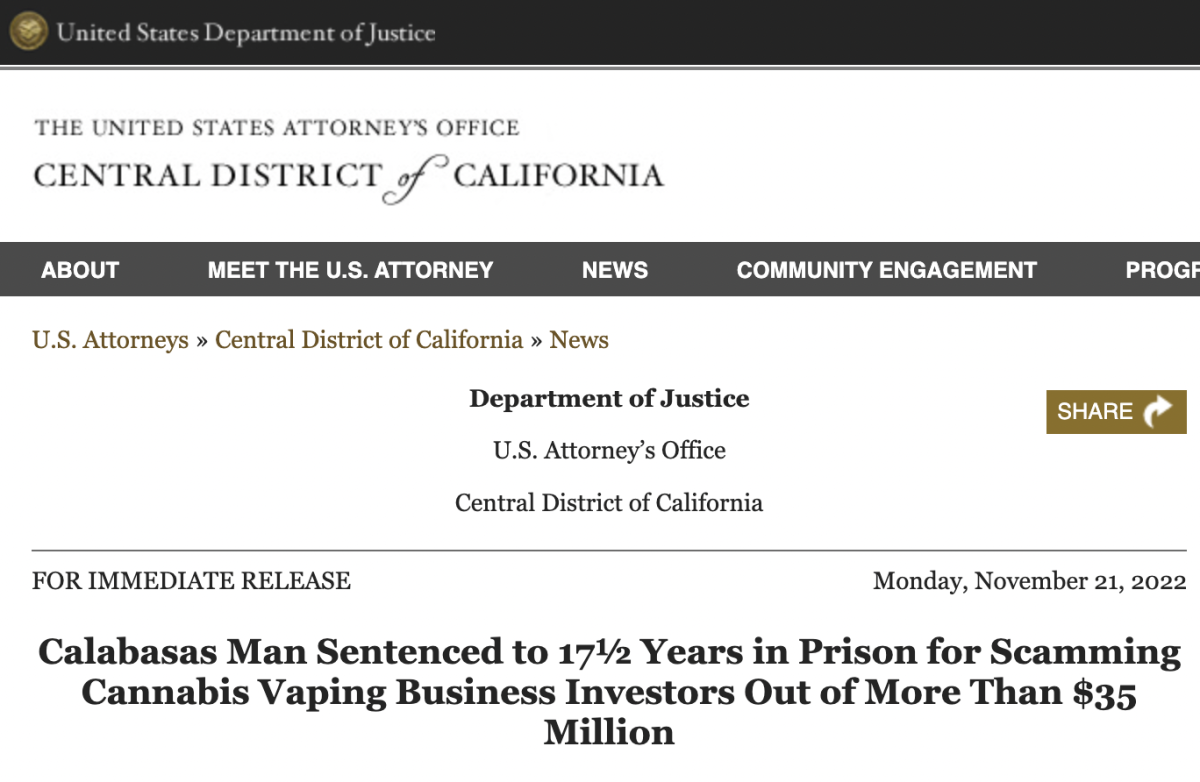 美国一男子因向诈骗大麻电子烟企业投资者超 3500 万美元入狱 17.5 年