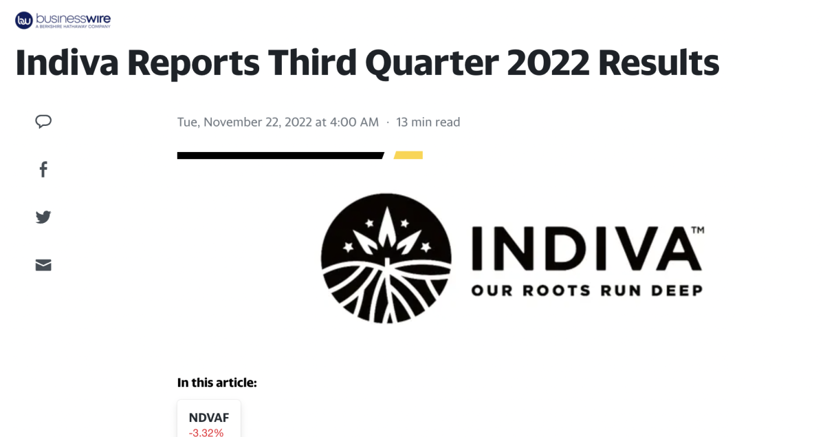 加拿大大麻厂商Indiva公布Q3财报