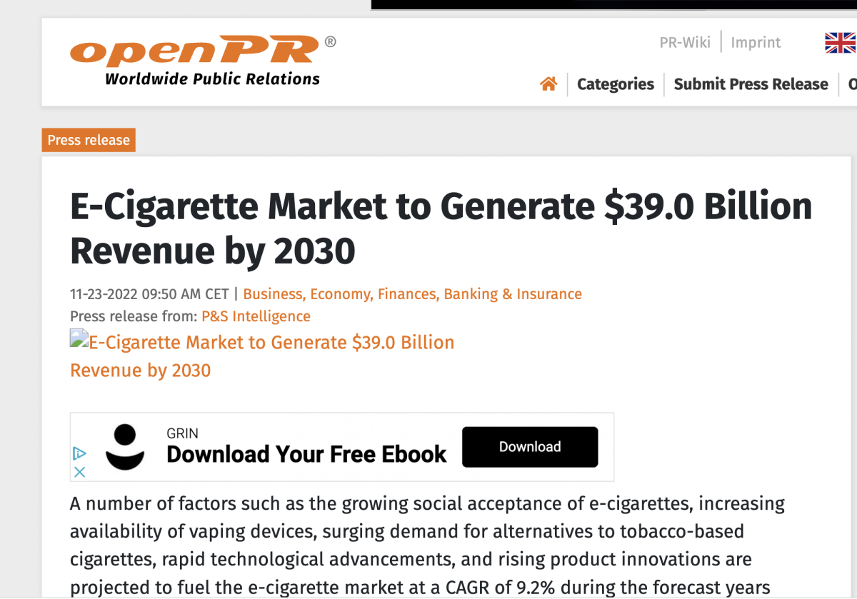 电子烟市场到2030年将产生390亿美元的收入