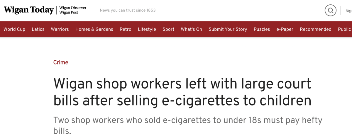 英维根商店工作人员在向儿童出售电子烟后需支付巨额赔款