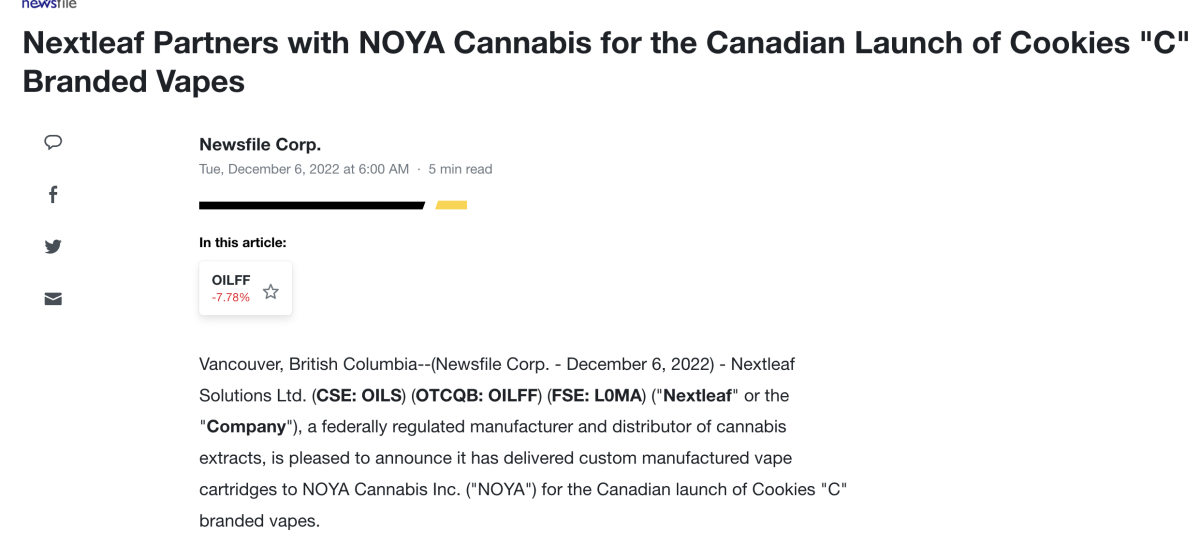 Nextleaf与NOYA大麻合作，在加拿大推出饼干“C”品牌电子烟