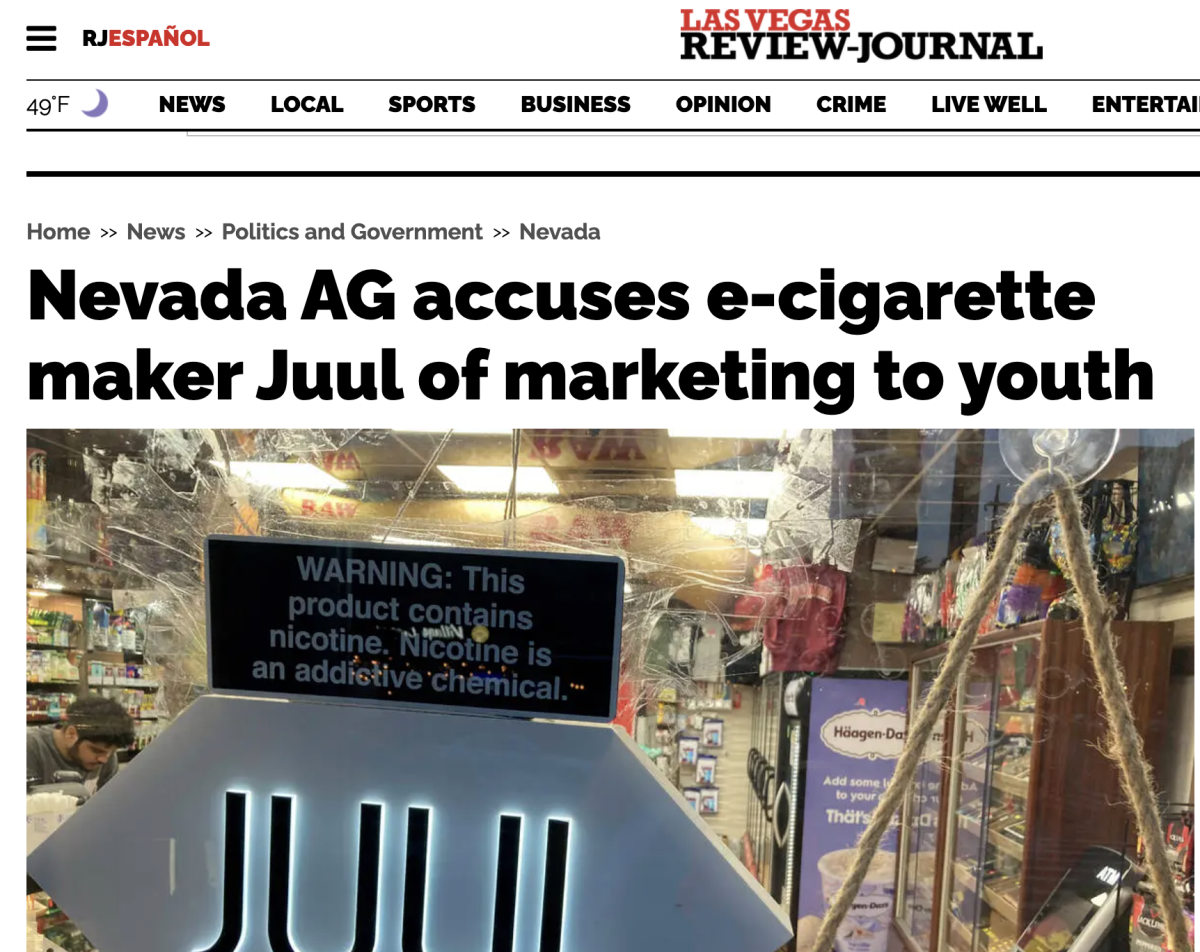 Nevada AG 指控电子烟制造商 Juul 向年轻人营销