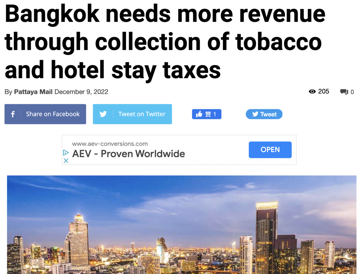 曼谷需要通过征收烟草税和酒店住宿税获得更多税收
