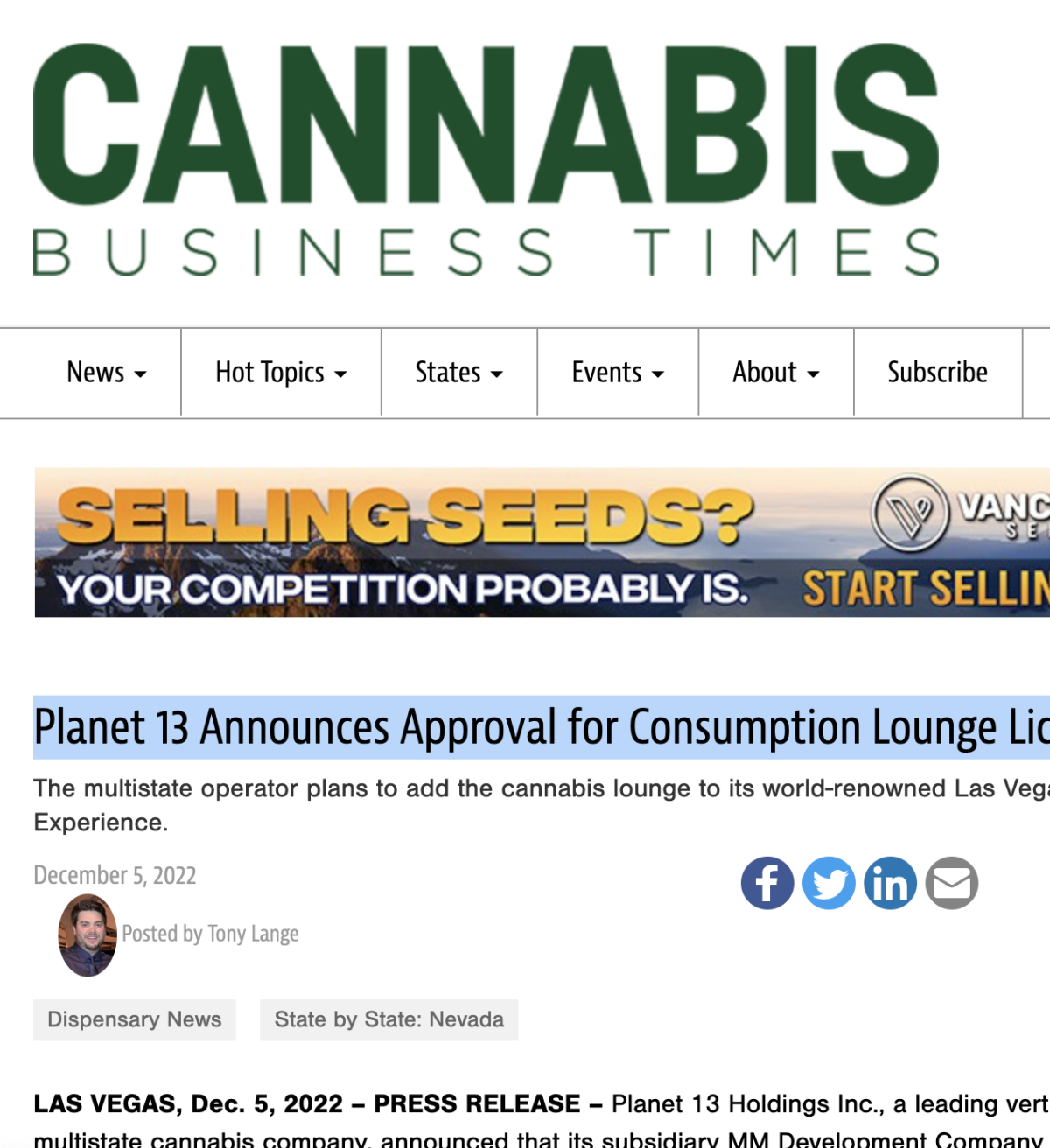 Planet 13 宣布批准大麻消费休息室牌照