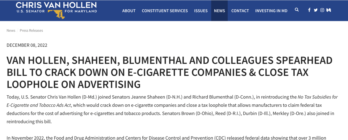 美国参议院重新引入电子烟和烟草广告无税收补贴法案