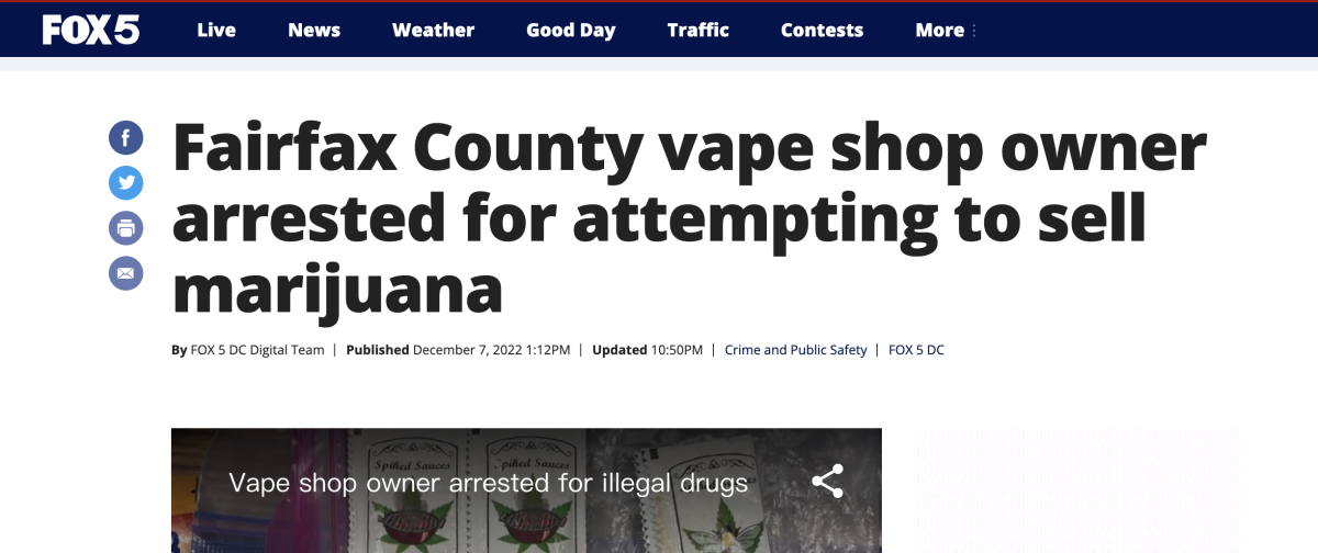 费尔法克斯县电子烟店老板因试图出售大麻而被捕