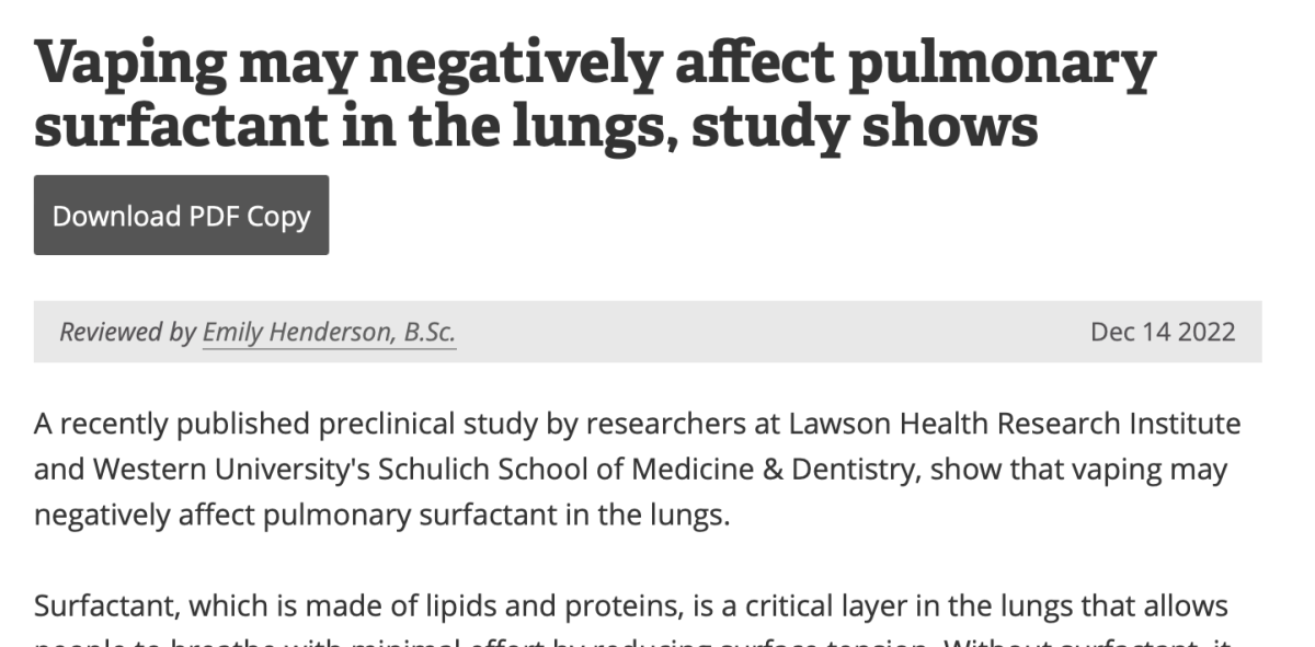 电子烟或对人体肺表面活性剂产生负面影响