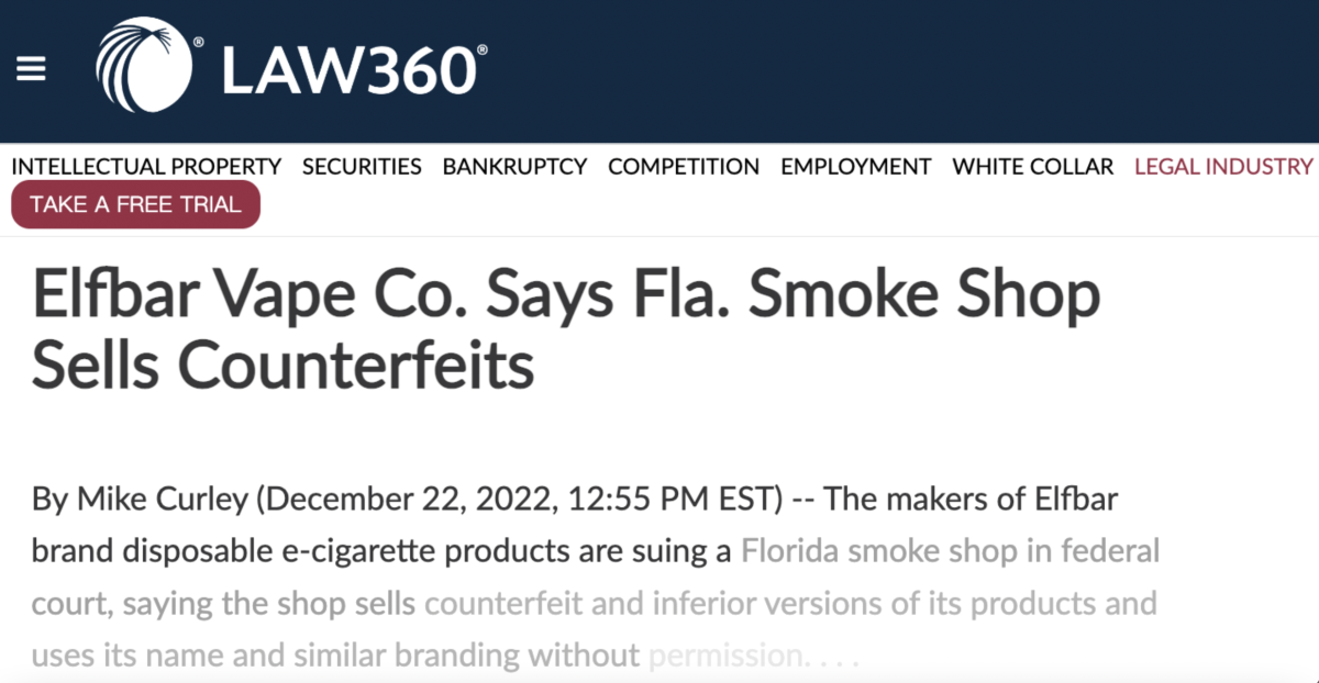 Elfbar起诉美国一商店销售假冒伪劣产品