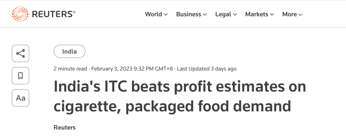 印度 ITC 2022年营收20.8亿美元 超40%来自卷烟业务