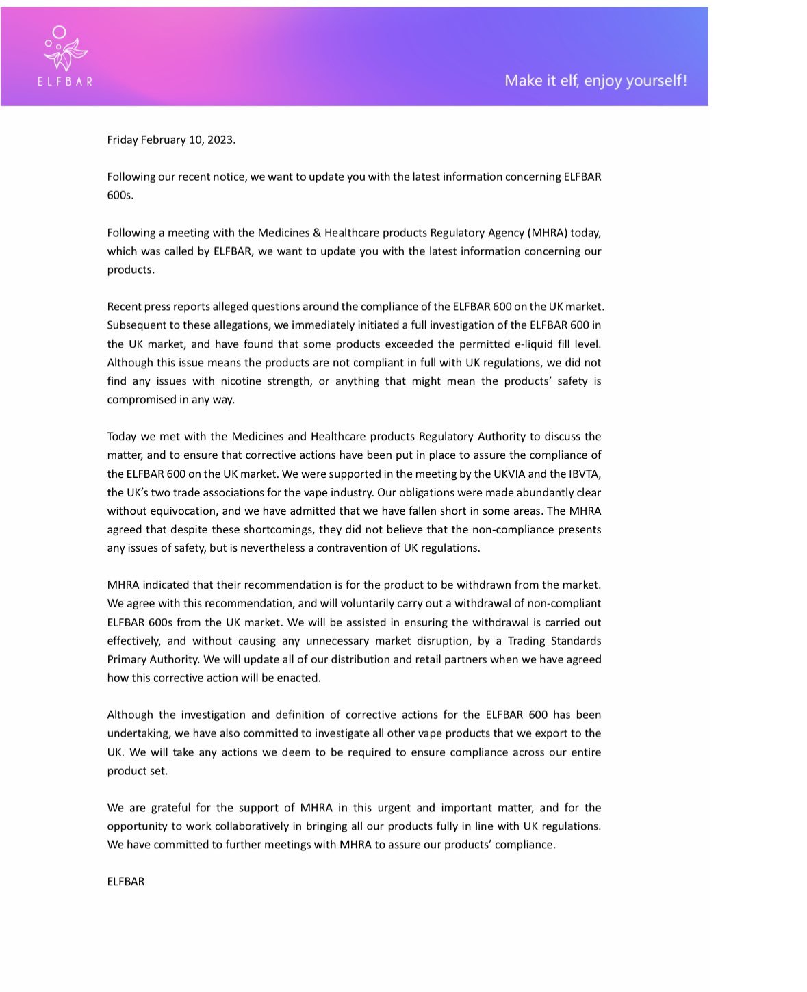 ELFBAR se disculpó y prometió retirar los productos ofensivos.