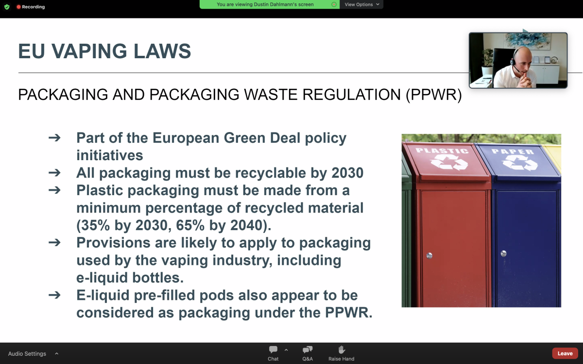 Actualización del Presidente de IEVA sobre las tendencias regulatorias del vaping en la Unión Europea.