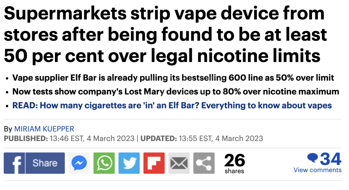 ELFBAR又陷超标事件  旗下产品LOST MARY尼古丁含量超80%