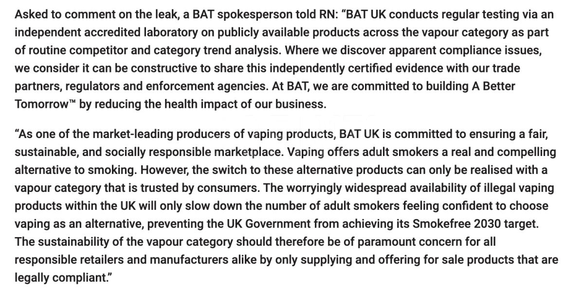 英美烟草回应两个至上:在英国送检一次性电子烟确有其事
