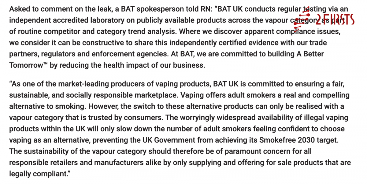 BAT confirma haber enviado cigarrillos electrónicos desechables de competidores para su inspección en el Reino Unido.