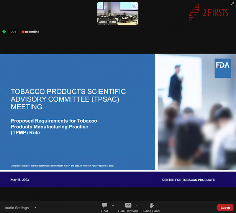 Comité de la FDA se reúne sobre las prácticas de fabricación de productos de tabaco propuestos.