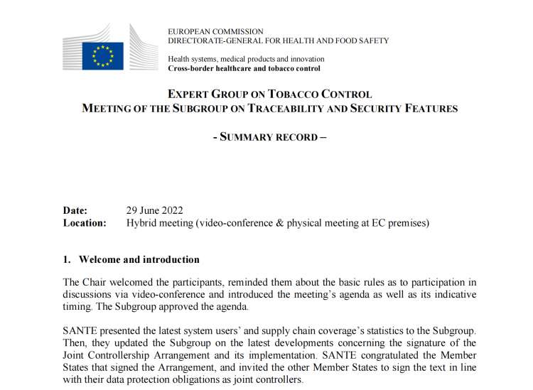 Actualización de la UE al Sistema de Rastreo de Tabaco en la Reunión del Grupo de Expertos.