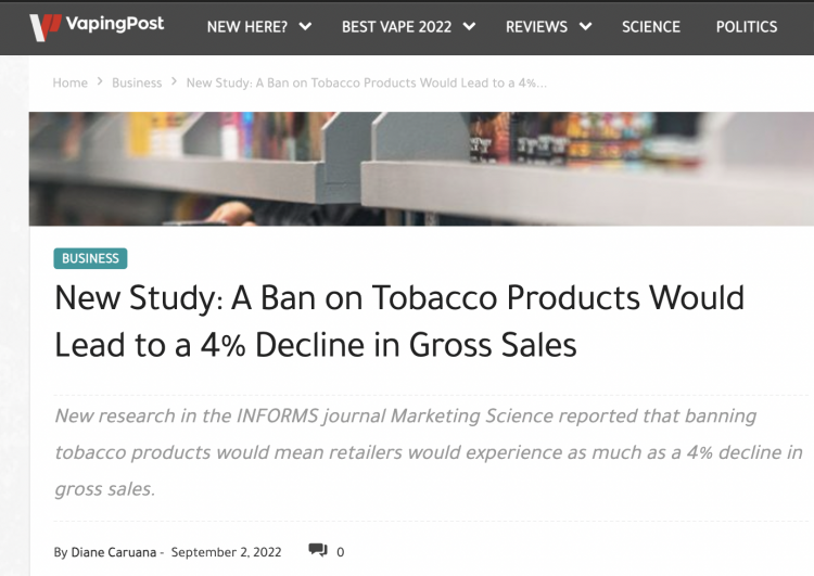 New Research Shows Ban on E-Cigarettes Decreases Retail Sales.