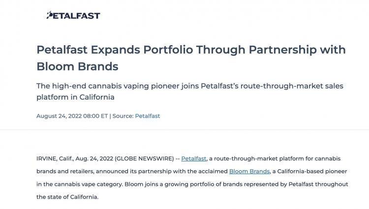 Bloom Brands partners with Petalfast for cannabis vape sales