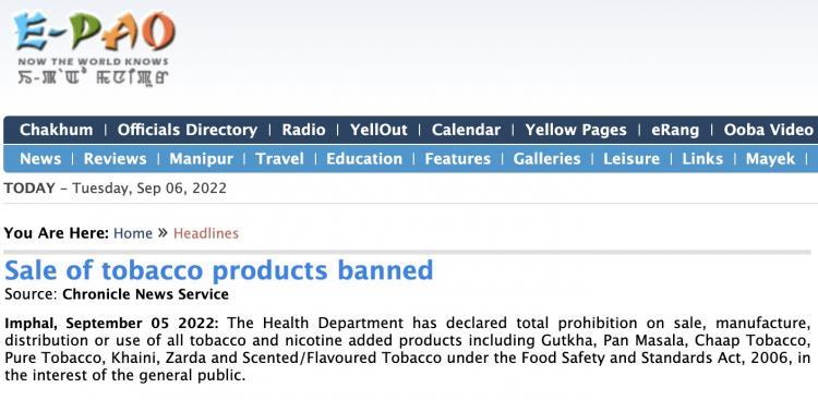 India bans sale and manufacturing of tobacco products.