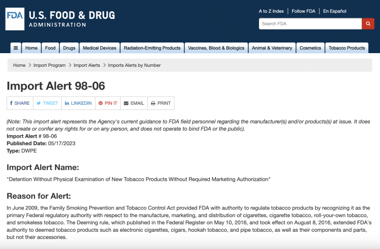 FDA Issues Import Alert for New Tobacco Products