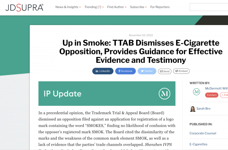Trademark Appeal Board Rejects Opposition to "SMOKES" Logo Trademark