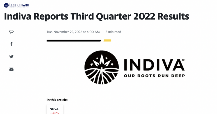 Indiva Announces Strong Growth in Q3 2022 Performance.