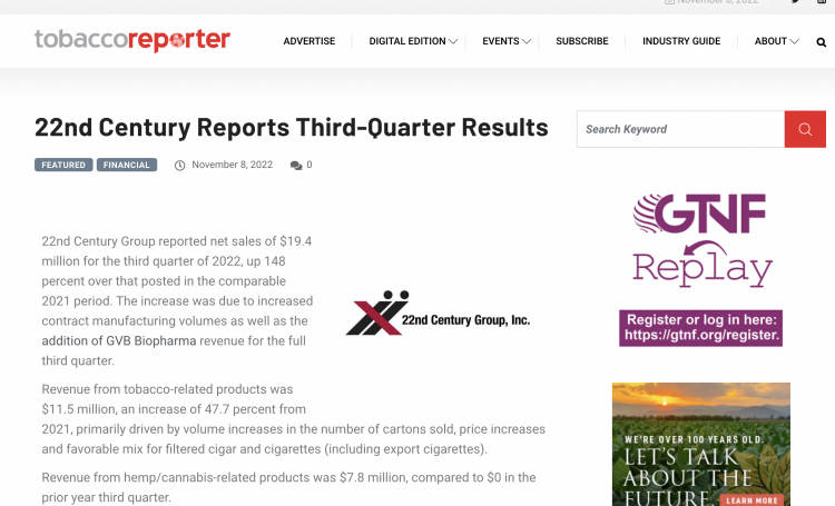 22nd Century Group Q3 Revenue: Tobacco and Cannabis Products