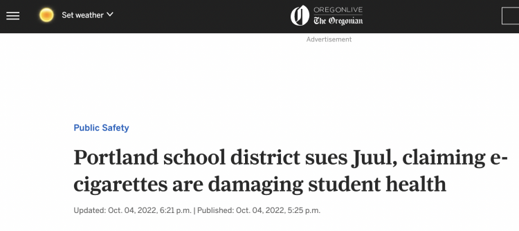 El Distrito Escolar de Portland demanda a la compañía de cigarrillos electrónicos Juul Labs.