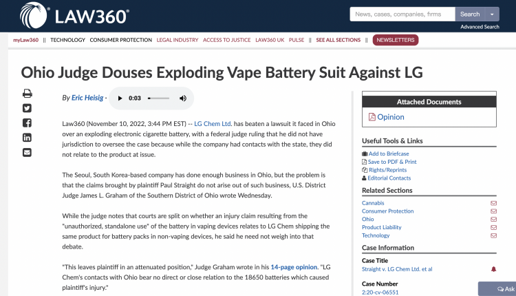 LG Chemicals Wins Lawsuit in Ohio over E-Cigarette Battery Explosion