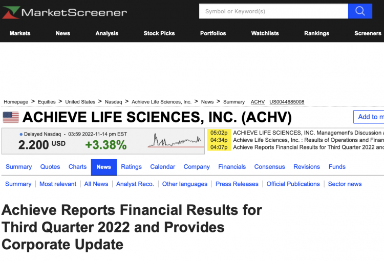 Achieve Life Sciences anuncia los últimos avances en el desarrollo de cytisinicline.