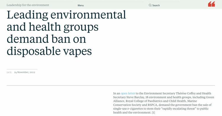 Grupos ambientalistas instan a prohibir los cigarrillos electrónicos desechables en el Reino Unido.